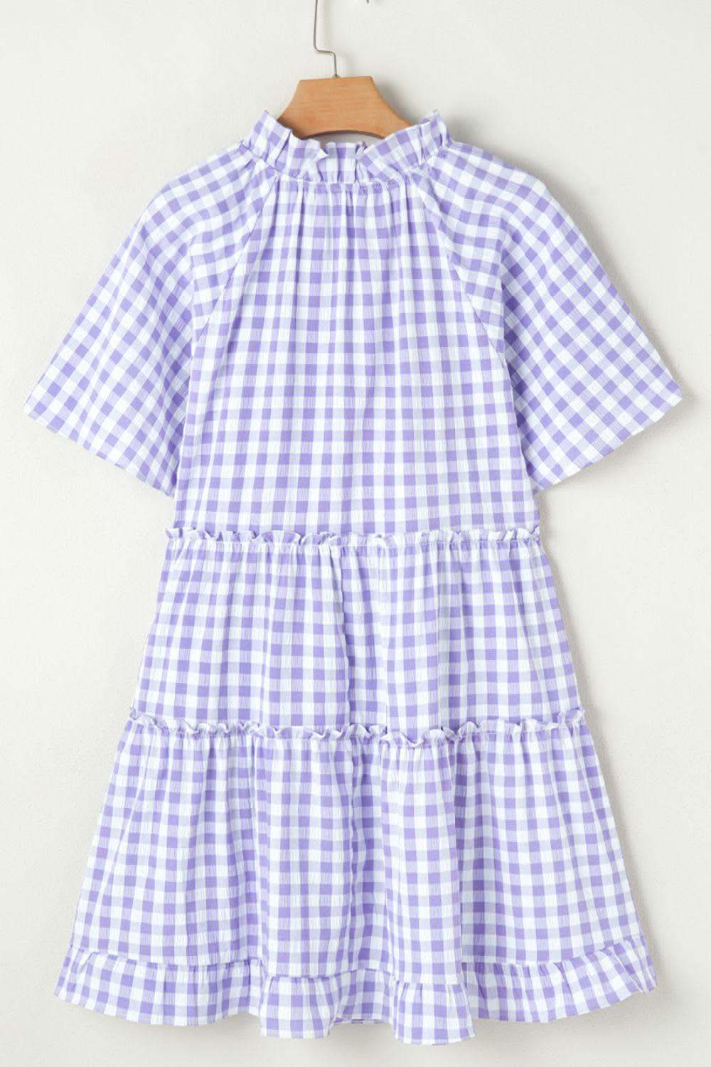 Plaid Tie Neck Short Sleeve Babydoll Mini Dress - SwagglyLife Home & Fashion
