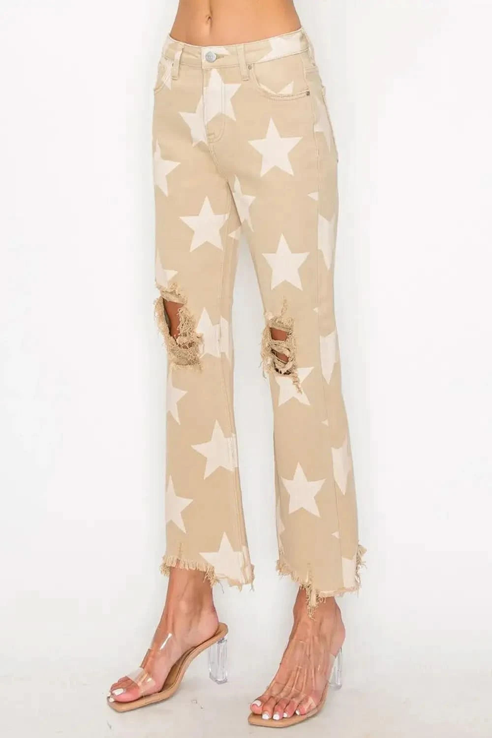 RISEN Full Size High Rise Star Printed Frayed Hem Jeans in - photo