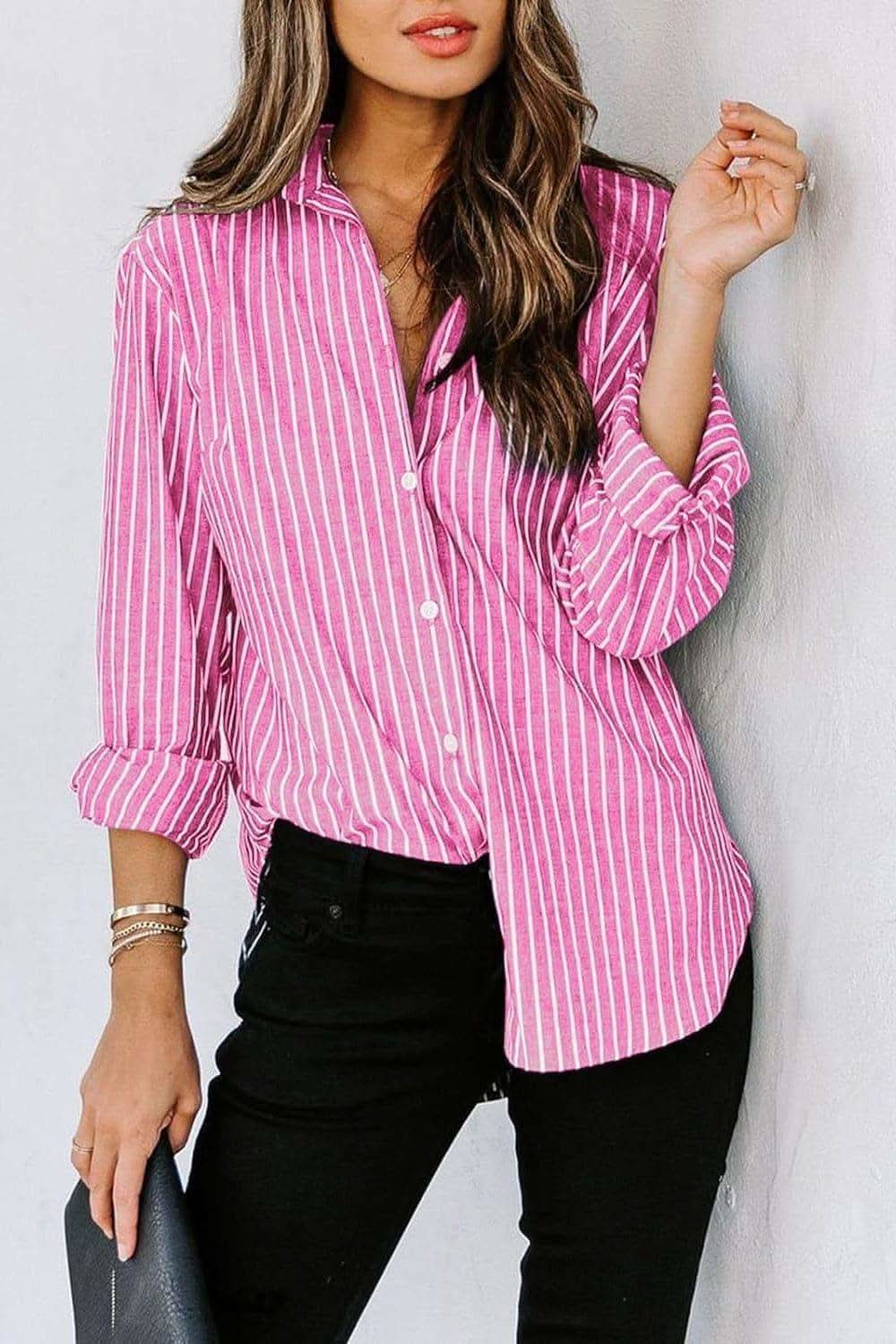 Striped Button Up Long Sleeve Shirt - SwagglyLife Home & Fashion