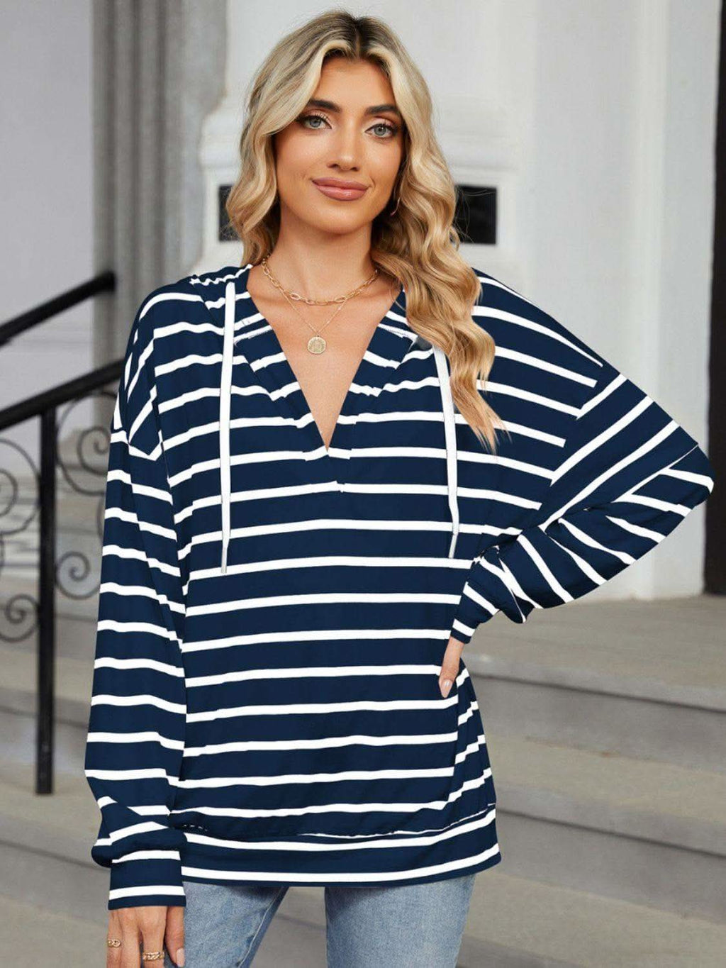 Drawstring Striped Long Sleeve Hoodie - SwagglyLife Home & Fashion