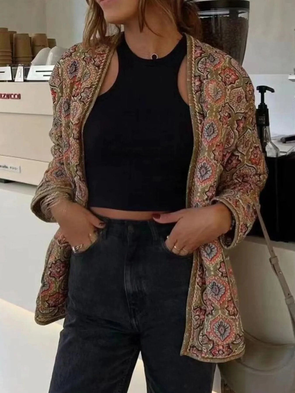 Belted Open Front Floral Winter Coat in - photo