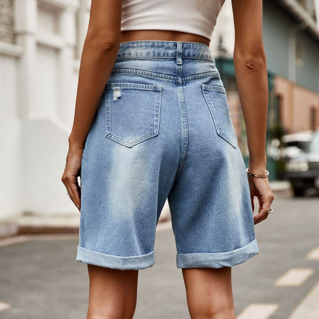 Distressed Buttoned Denim Shorts with Pockets in - Shorts photo