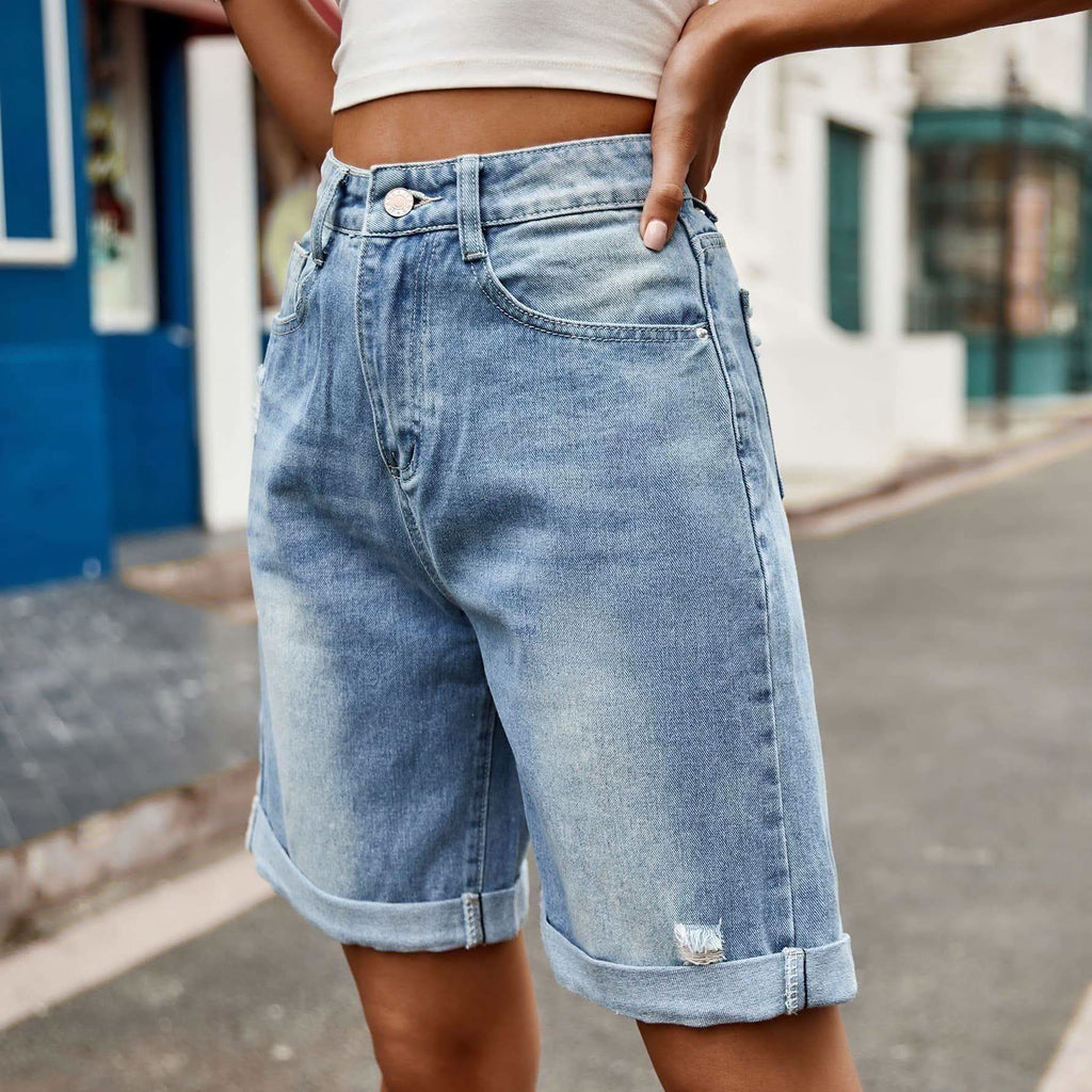 Distressed Buttoned Denim Shorts with Pockets in - Shorts photo
