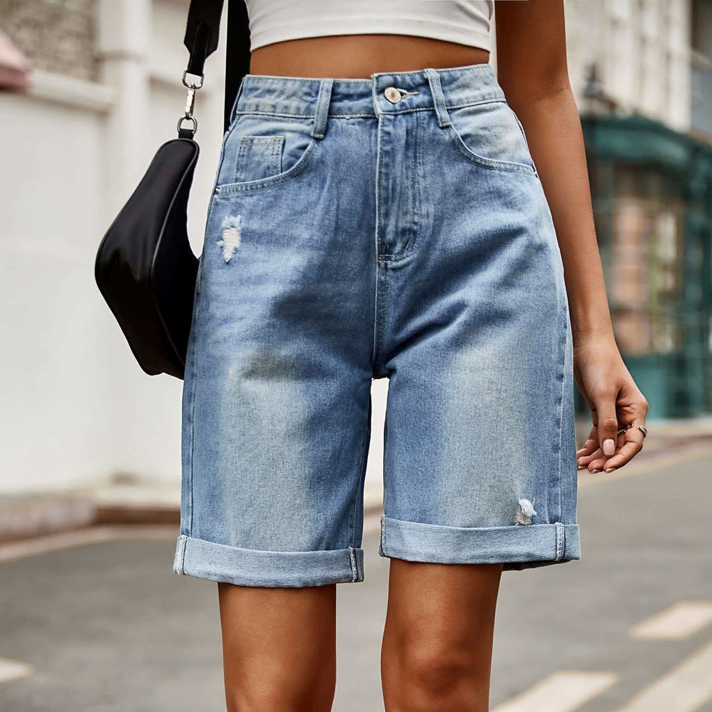 Distressed Buttoned Denim Shorts with Pockets in - Shorts photo