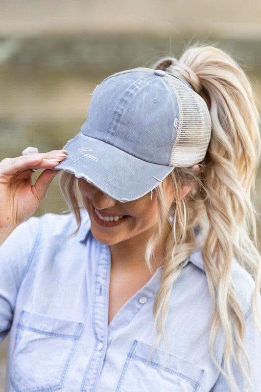 Distressed Messy Bun Hat Cap in Gray OneSize - Hats photo