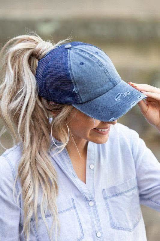 Distressed Messy Bun Hat Cap in Navy OneSize - Hats photo