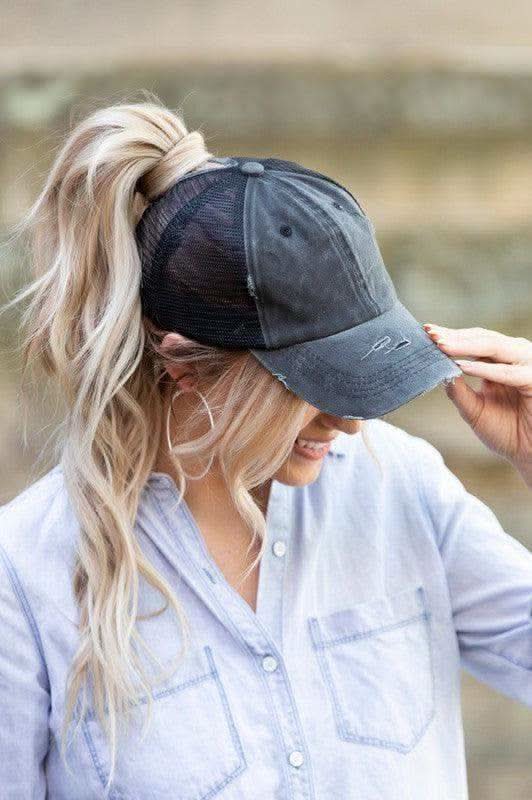 Distressed Messy Bun Hat Cap in Black OneSize - Hats photo