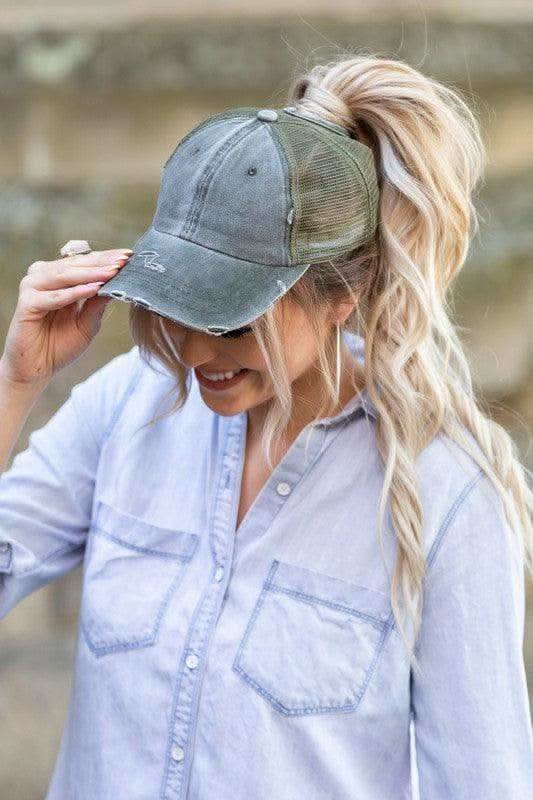 Distressed Messy Bun Hat Cap in Olive OneSize - Hats photo