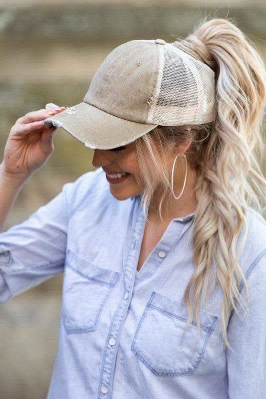 Distressed Messy Bun Hat Cap in Khaki OneSize - Hats photo