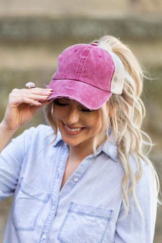 Distressed Messy Bun Hat Cap in Berry OneSize - Hats photo