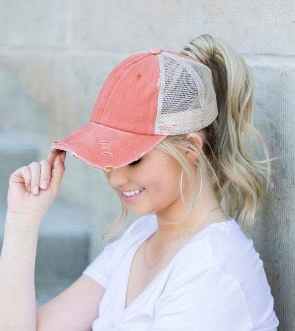 Distressed Messy Bun Hat Cap in Rust OneSize - Hats photo
