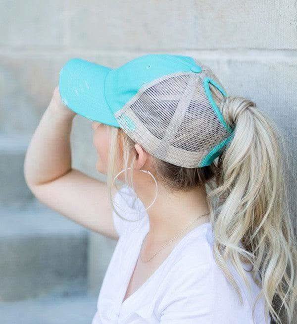 Distressed Messy Bun Hat Cap in Mint OneSize - Hats photo