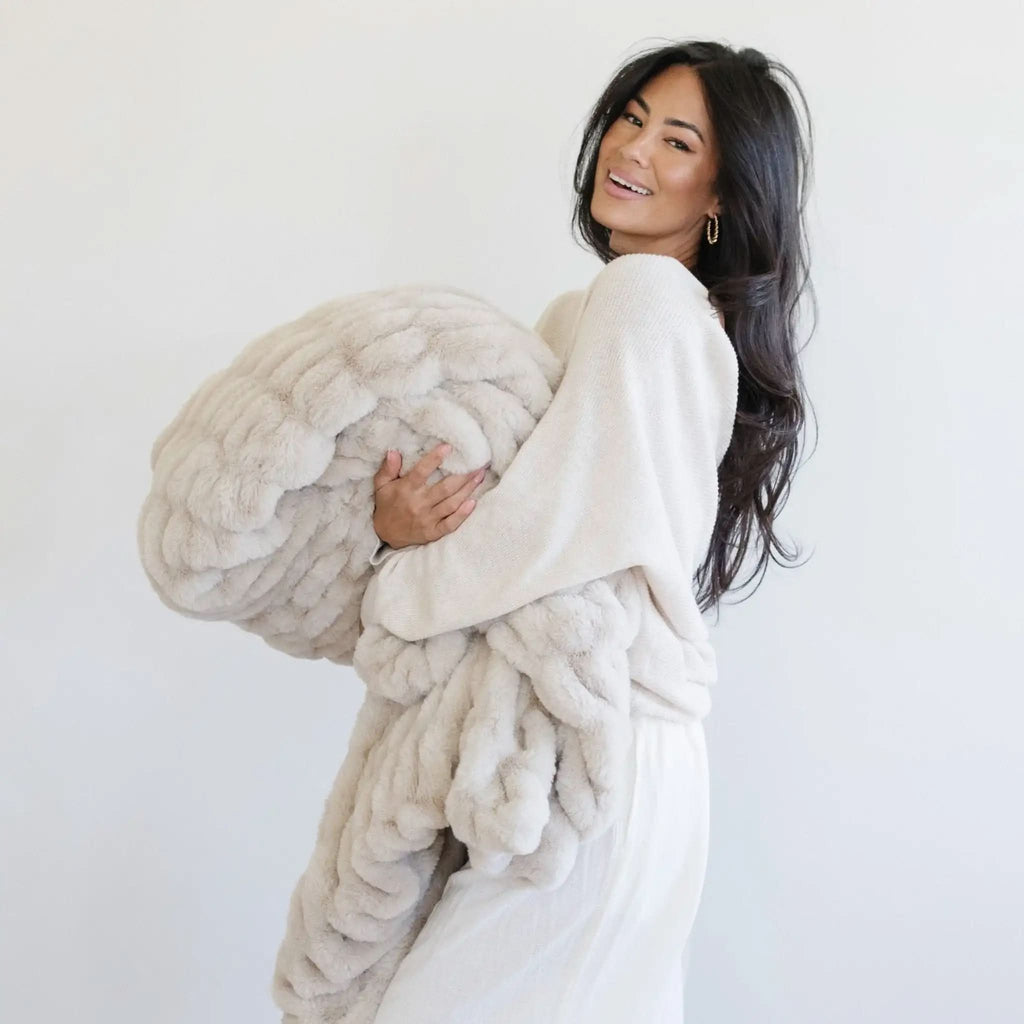 Saranoni Double Ruched Faux Fur Throw Blankets in Flax - photo