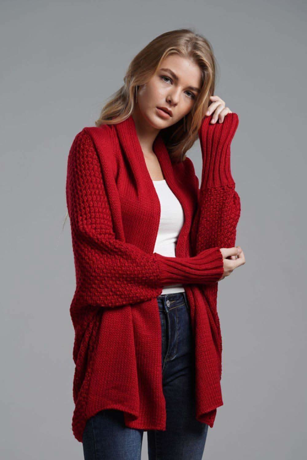 Double Take Dolman Sleeve Open Front Ribbed Trim Longline Cardigan - SwagglyLife Home & Fashion