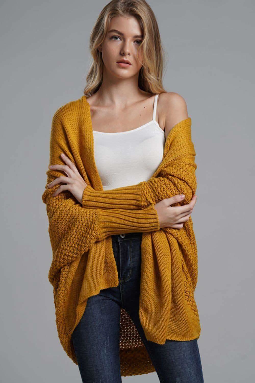 Double Take Dolman Sleeve Open Front Ribbed Trim Longline Cardigan - SwagglyLife Home & Fashion