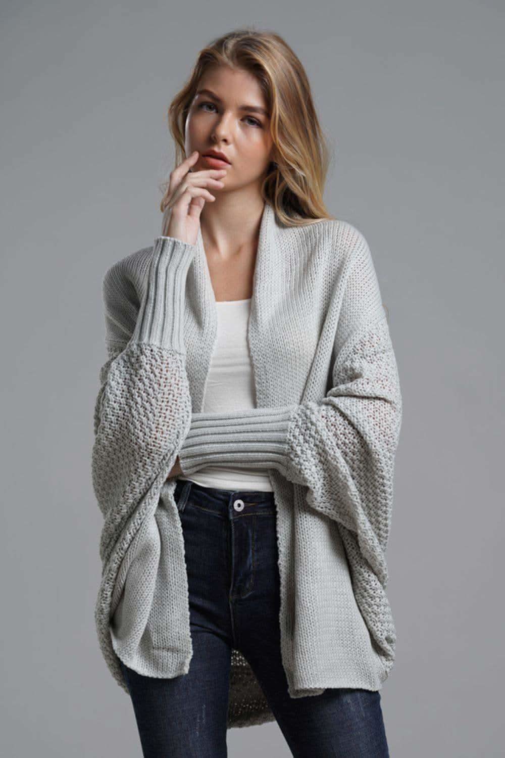 Double Take Dolman Sleeve Open Front Ribbed Trim Longline Cardigan - SwagglyLife Home & Fashion