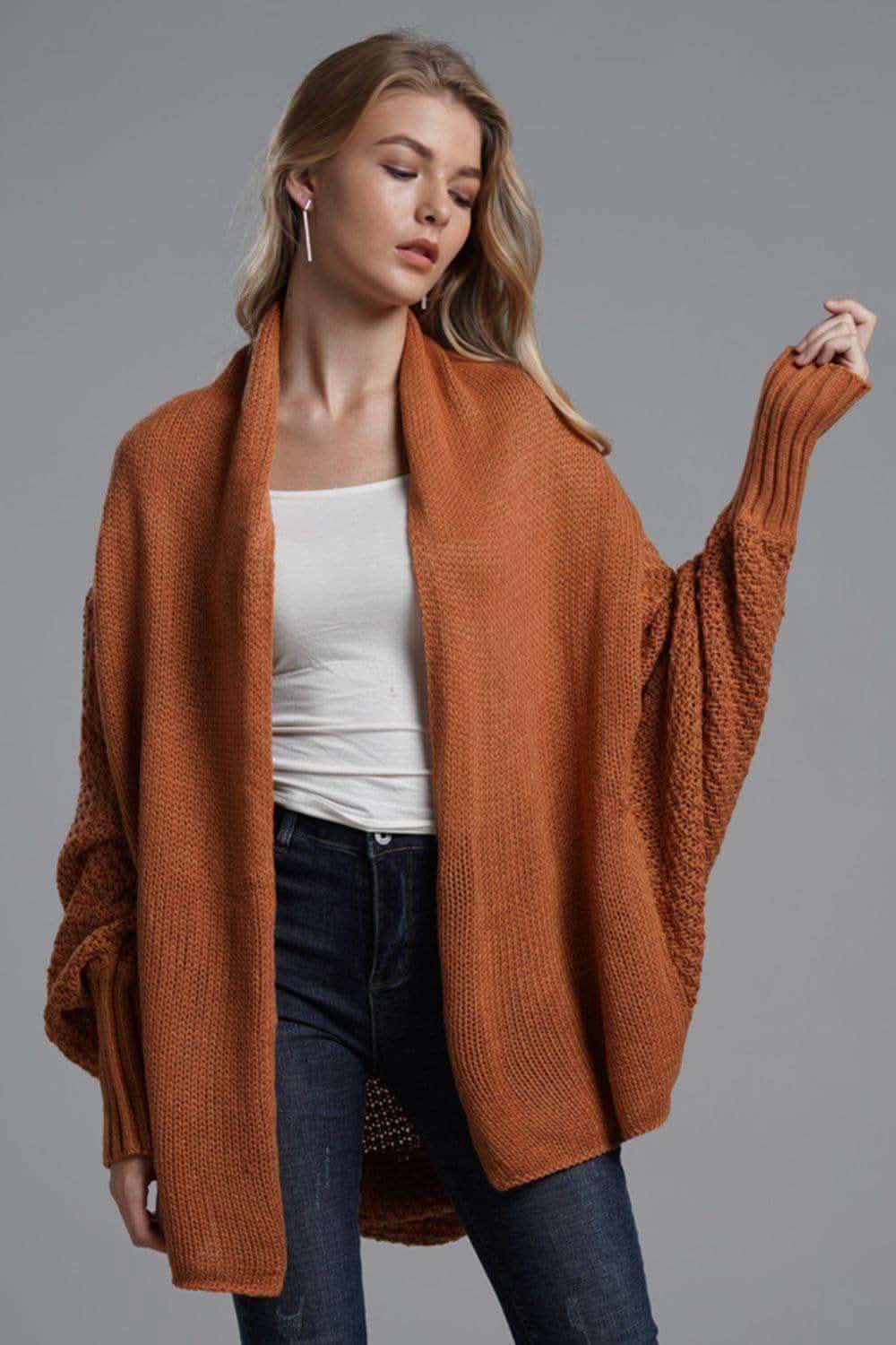 Double Take Dolman Sleeve Open Front Ribbed Trim Longline Cardigan - SwagglyLife Home & Fashion