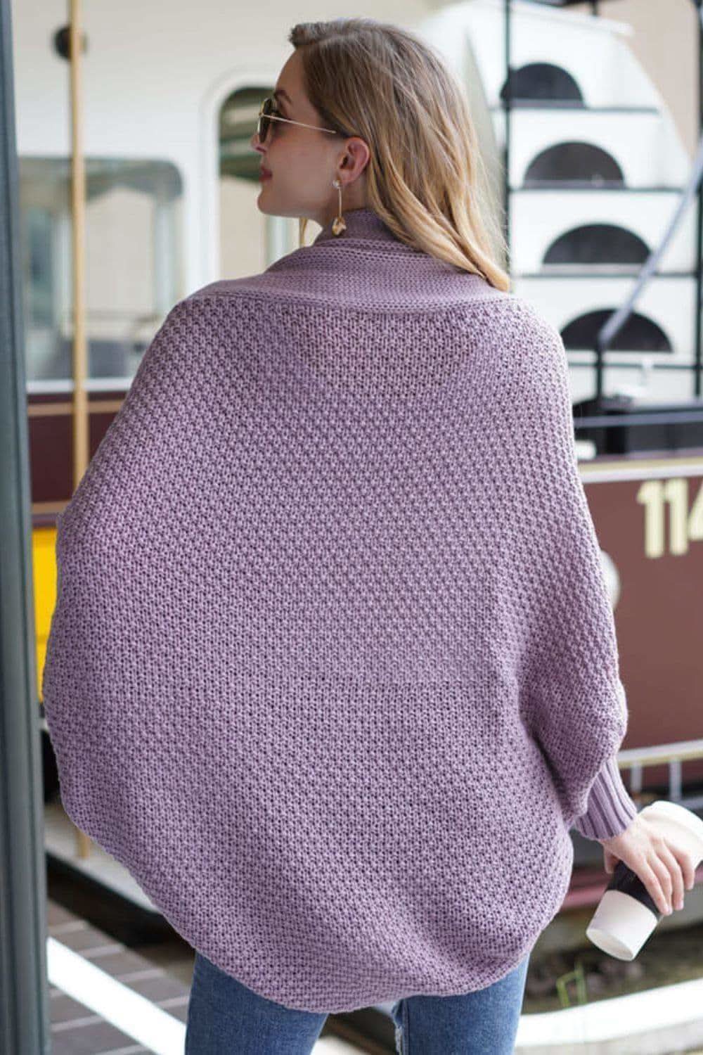 Double Take Dolman Sleeve Open Front Ribbed Trim Longline Cardigan - SwagglyLife Home & Fashion