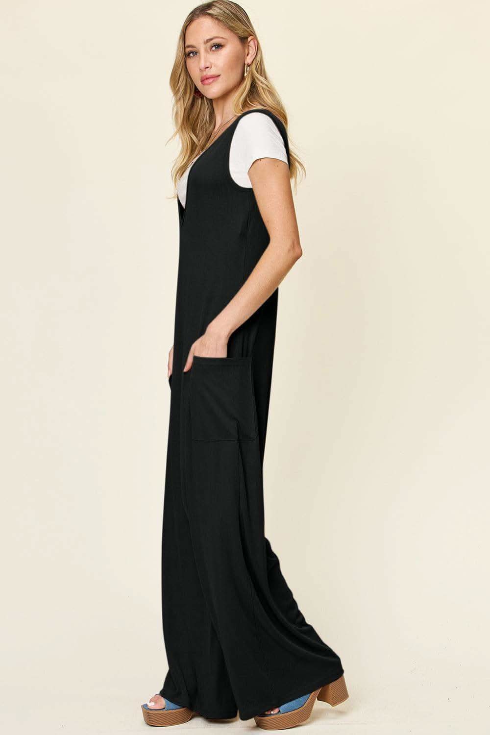 Double Take Full Size Sleeveless Wide Leg Jumpsuit with Pockets in - photo