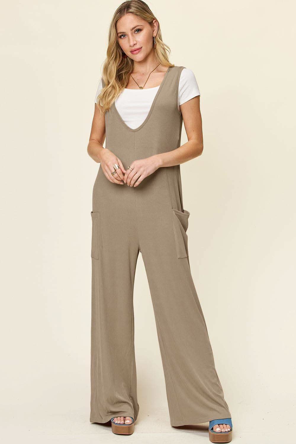 Double Take Full Size Sleeveless Wide Leg Jumpsuit with Pockets in Mocha - photo