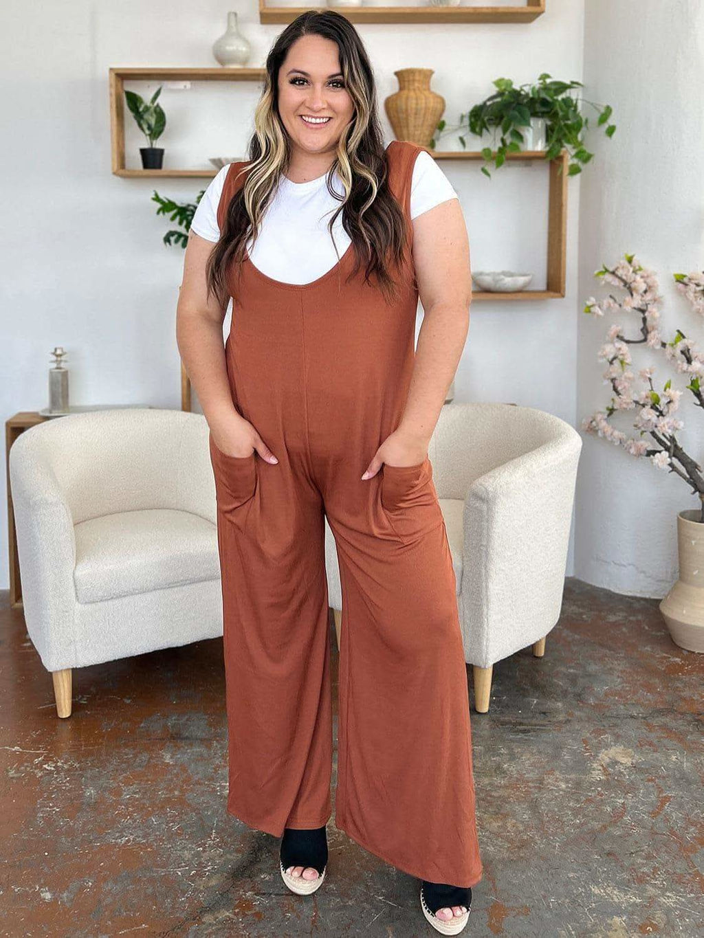 Double Take Full Size Sleeveless Wide Leg Jumpsuit with Pockets in - photo