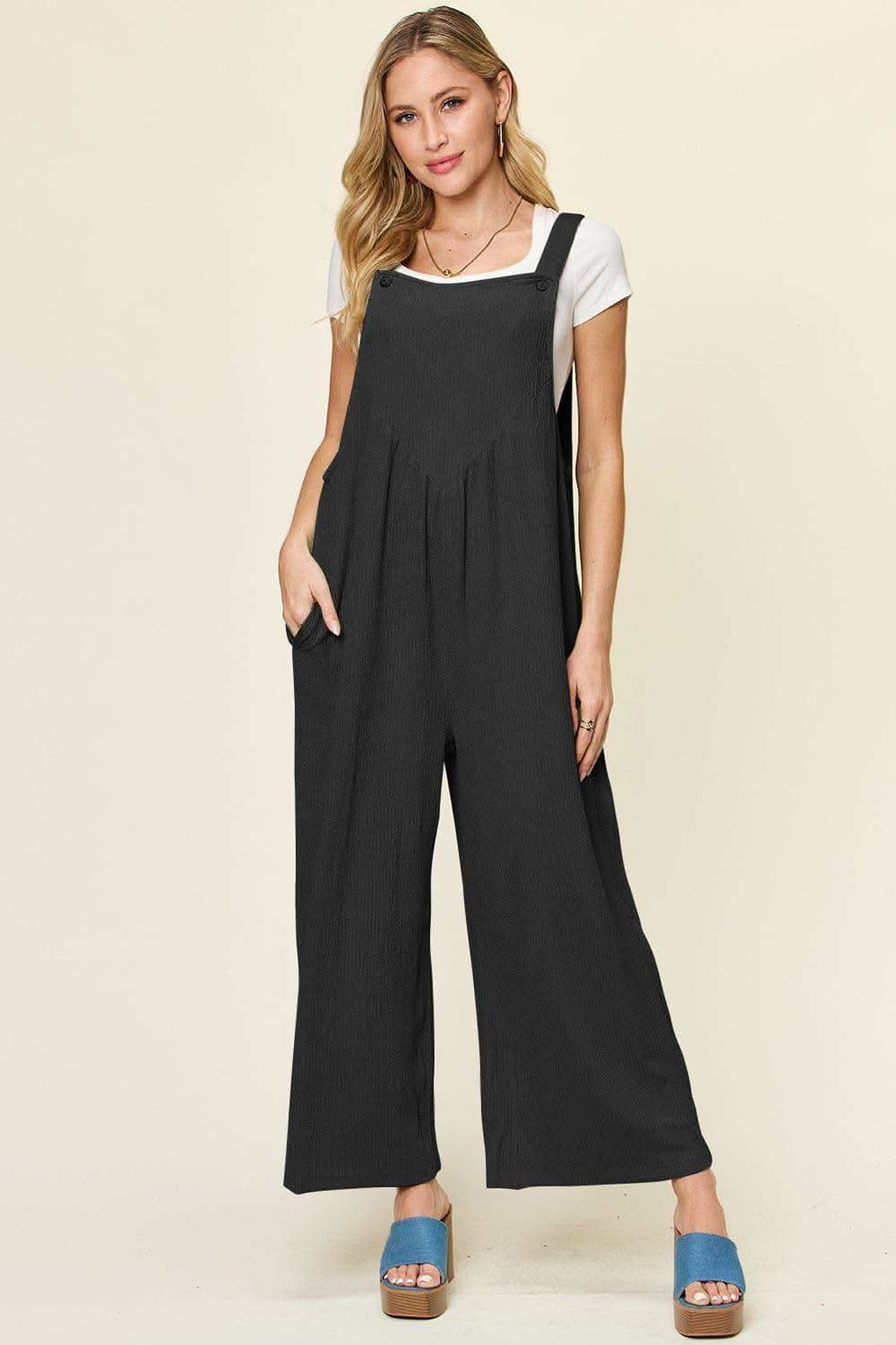 Double Take Full Size Texture Sleeveless Wide Leg Overall in Black - photo