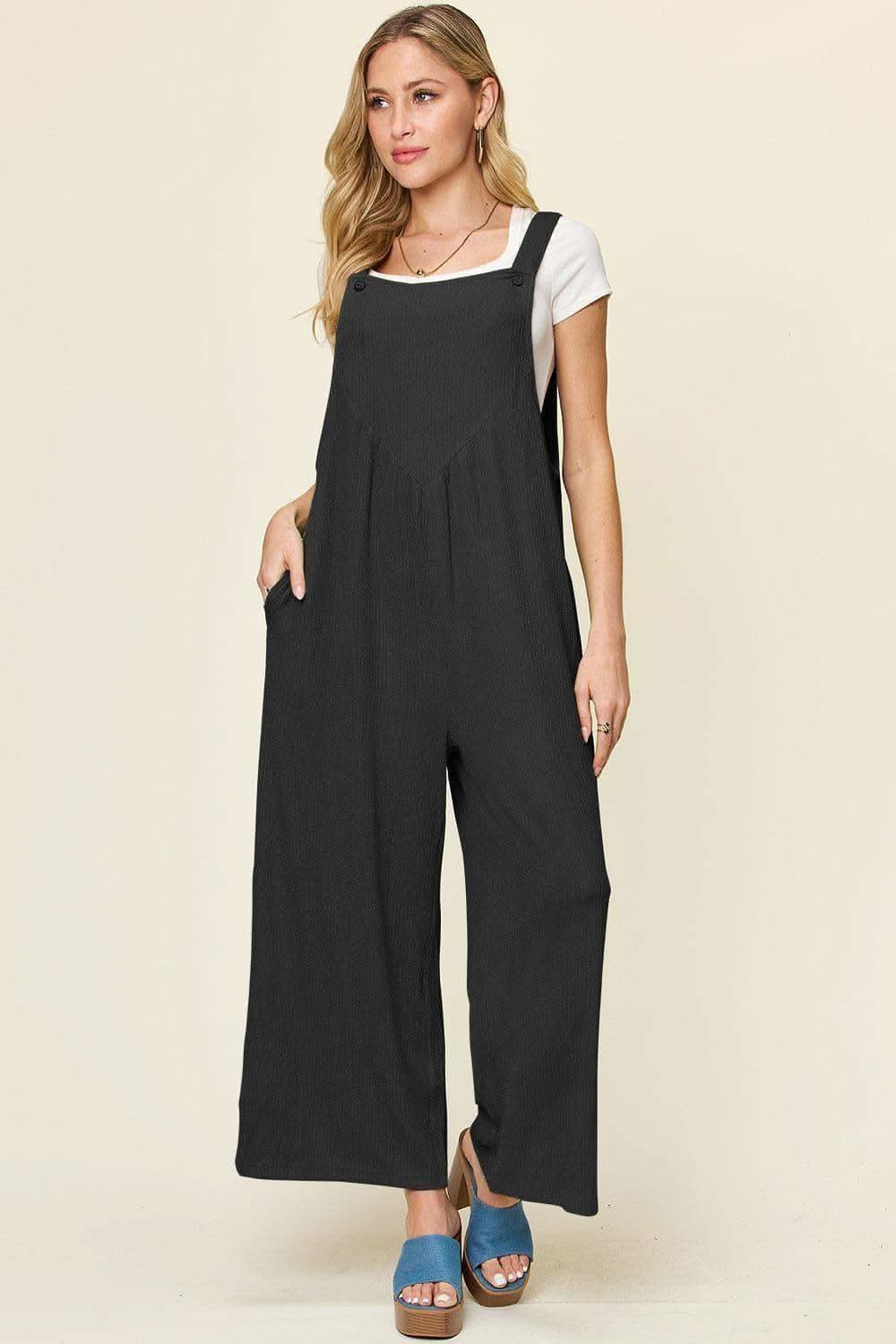 Double Take Full Size Texture Sleeveless Wide Leg Overall in - photo