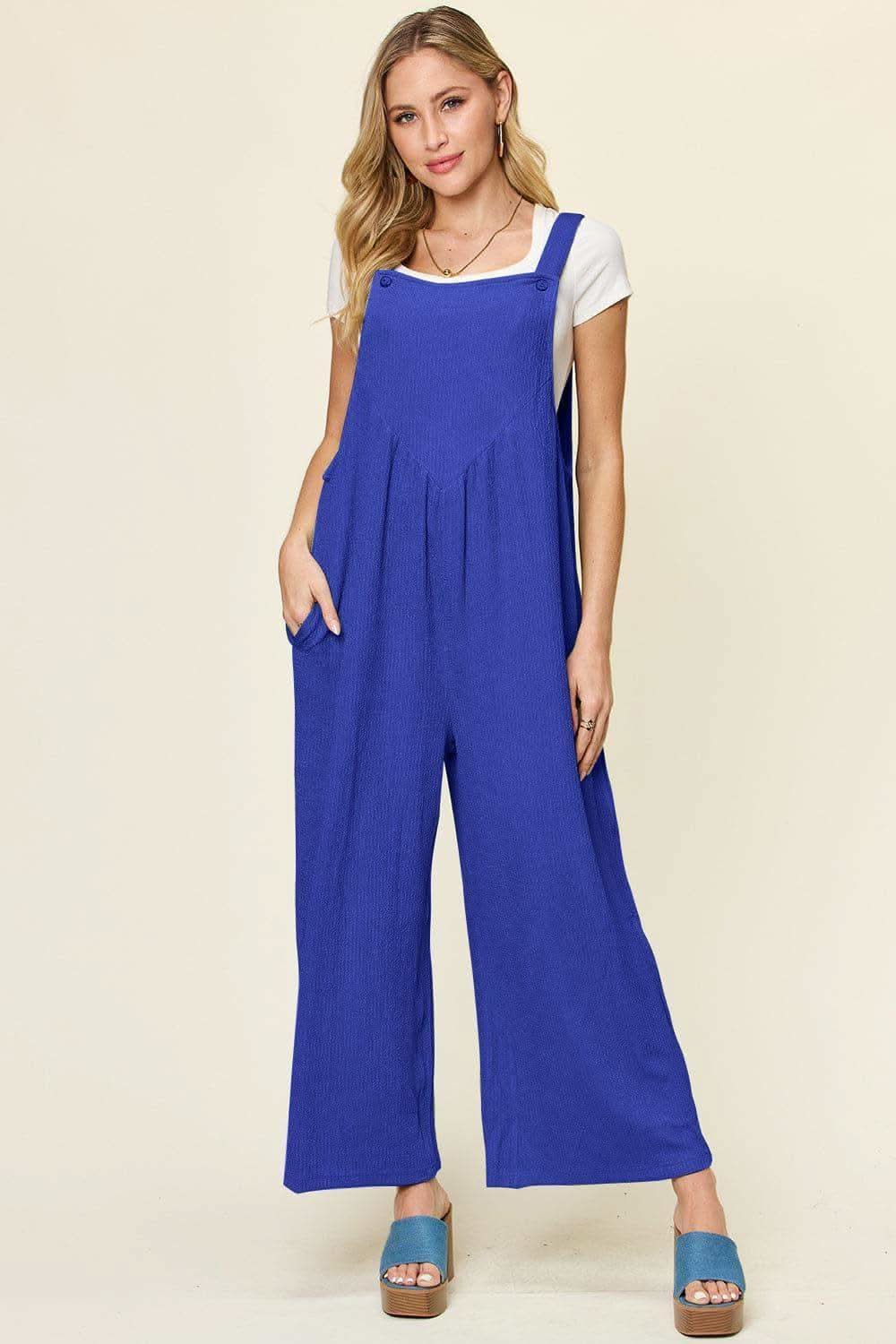 Double Take Full Size Texture Sleeveless Wide Leg Overall in Royal Blue - photo