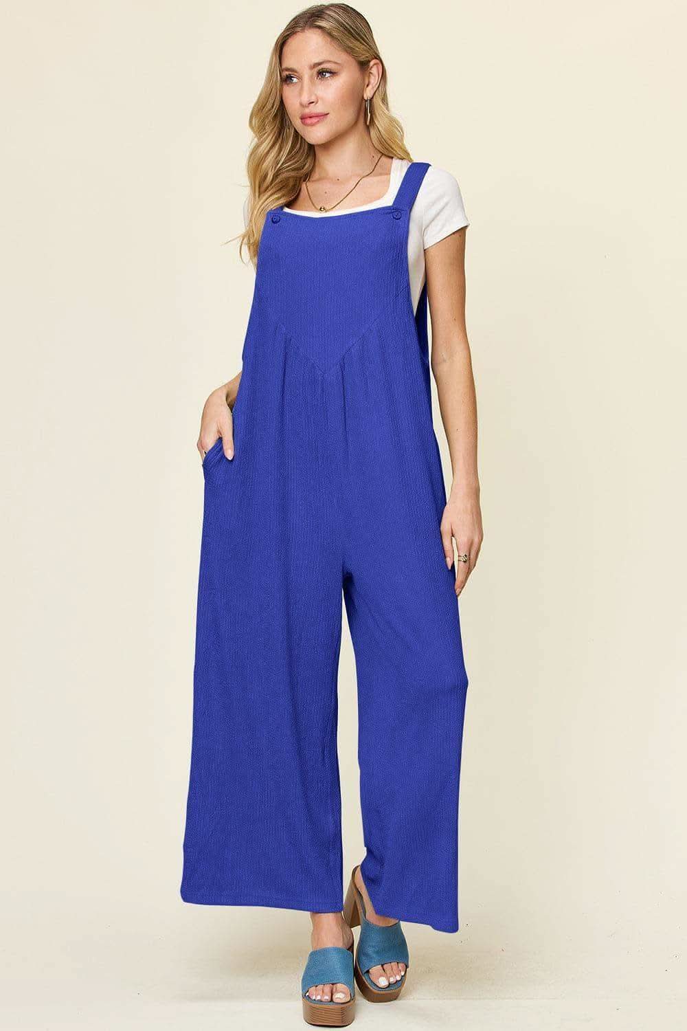 Double Take Full Size Texture Sleeveless Wide Leg Overall in - photo