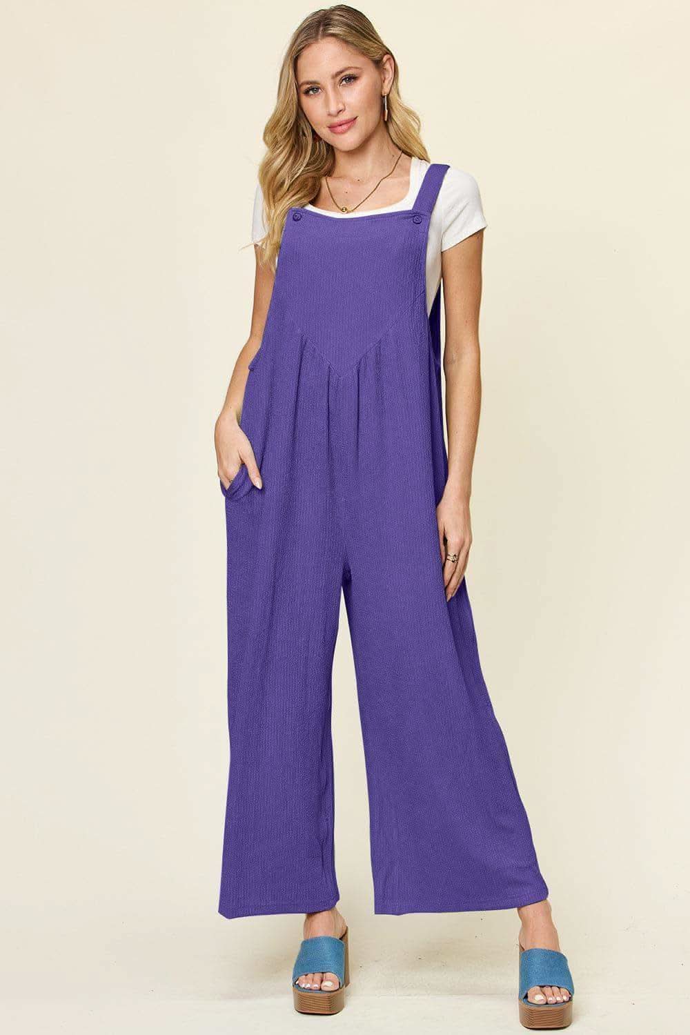 Double Take Full Size Texture Sleeveless Wide Leg Overall in Light Indigo - photo
