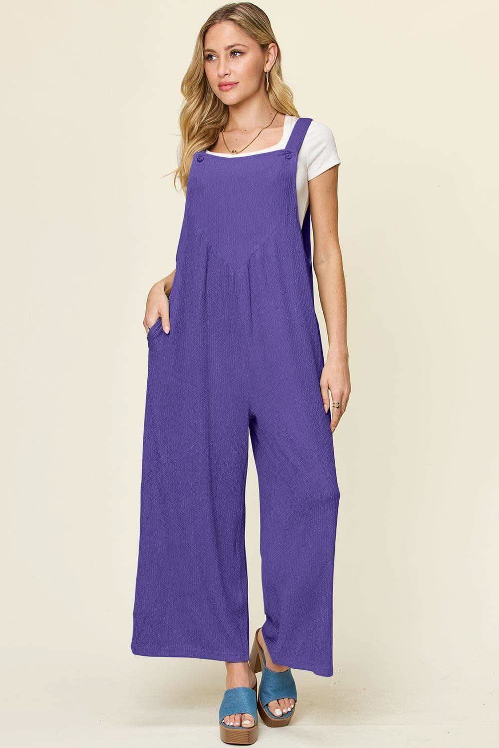 Double Take Full Size Texture Sleeveless Wide Leg Overall in - photo