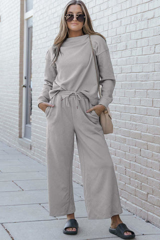 Double Take Full Size Textured Long Sleeve Top and Drawstring Pants Set - SwagglyLife Home & Fashion Double Take Full Size Textured Long Sleeve Top and Drawstring Pants Set - SwagglyLife Home & Fashion