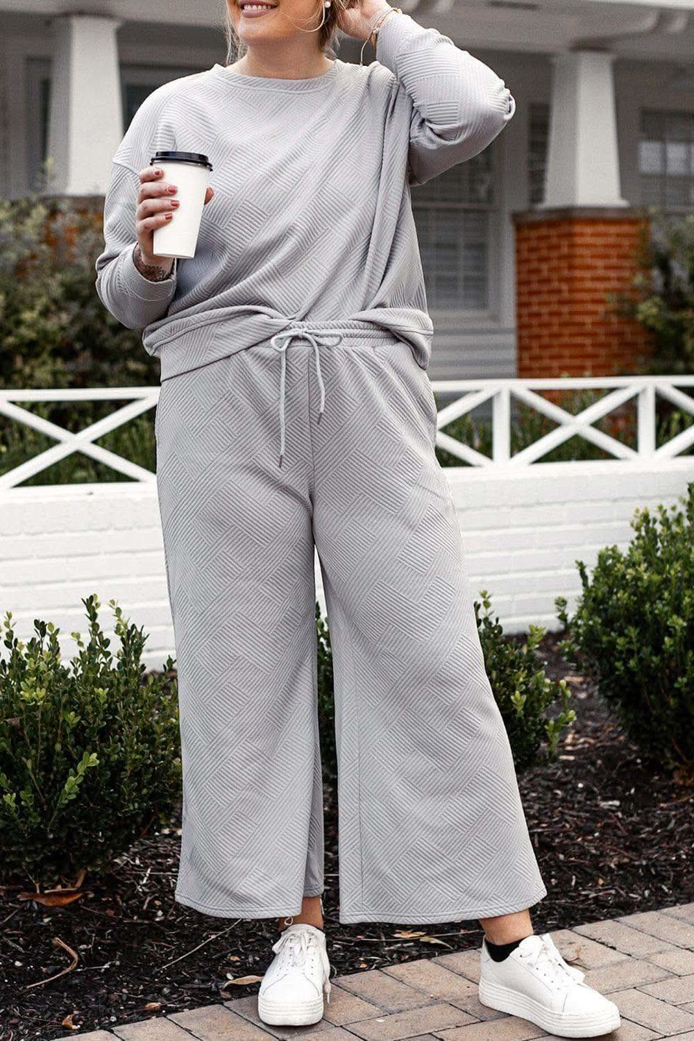 Double Take Full Size Textured Long Sleeve Top and Drawstring Pants Set - SwagglyLife Home & Fashion Double Take Full Size Textured Long Sleeve Top and Drawstring Pants Set - SwagglyLife Home & Fashion