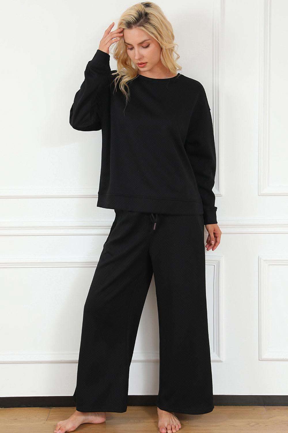 Double Take Full Size Textured Long Sleeve Top and Drawstring Pants Set - SwagglyLife Home & Fashion Double Take Full Size Textured Long Sleeve Top and Drawstring Pants Set - SwagglyLife Home & Fashion