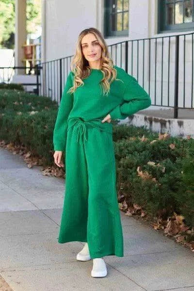 Double Take Full Size Textured Long Sleeve Top and Drawstring Pants Set - SwagglyLife Home & Fashion