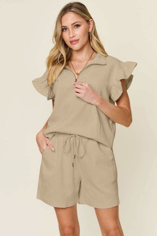Double Take Texture Flounce Sleeve Top and Drawstring Shorts Set - SwagglyLife Home & Fashion Double Take Texture Flounce Sleeve Top and Drawstring Shorts Set - SwagglyLife Home & Fashion