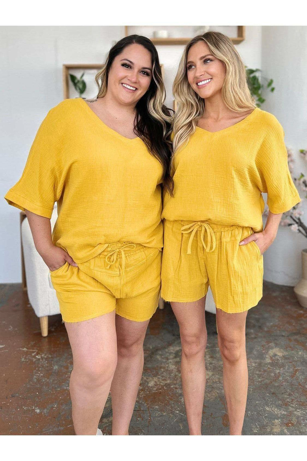 Double Take Texture Half Sleeve T-Shirt and Drawstring Shorts Set - SwagglyLife Home & Fashion