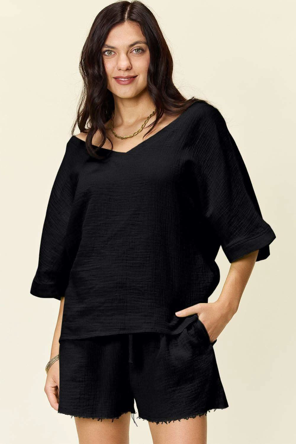 Double Take Texture Half Sleeve T-Shirt and Drawstring Shorts Set - SwagglyLife Home & Fashion