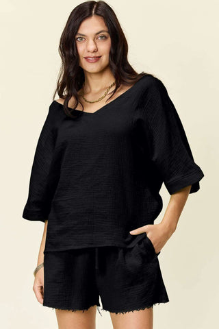 Double Take Texture Half Sleeve T-Shirt and Drawstring Shorts Set - SwagglyLife Home & Fashion Double Take Texture Half Sleeve T-Shirt and Drawstring Shorts Set - SwagglyLife Home & Fashion