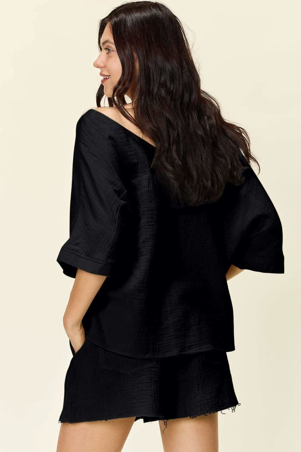 Double Take Texture Half Sleeve T-Shirt and Drawstring Shorts Set - SwagglyLife Home & Fashion Double Take Texture Half Sleeve T-Shirt and Drawstring Shorts Set - SwagglyLife Home & Fashion