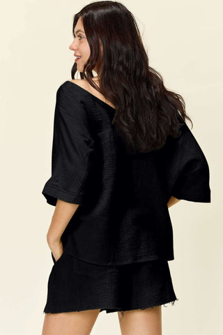 Double Take Texture Half Sleeve T-Shirt and Drawstring Shorts Set - SwagglyLife Home & Fashion Double Take Texture Half Sleeve T-Shirt and Drawstring Shorts Set - SwagglyLife Home & Fashion