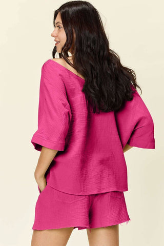 Double Take Texture Half Sleeve T-Shirt and Drawstring Shorts Set - SwagglyLife Home & Fashion Double Take Texture Half Sleeve T-Shirt and Drawstring Shorts Set - SwagglyLife Home & Fashion