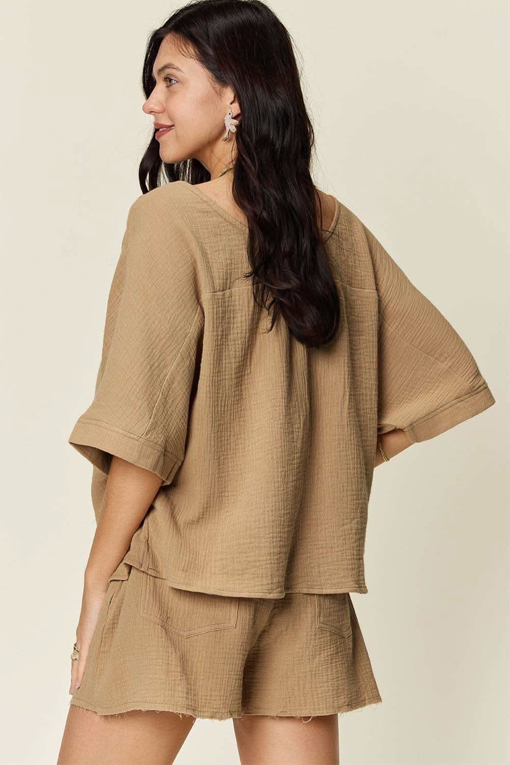 Double Take Texture Half Sleeve T-Shirt and Drawstring Shorts Set - SwagglyLife Home & Fashion