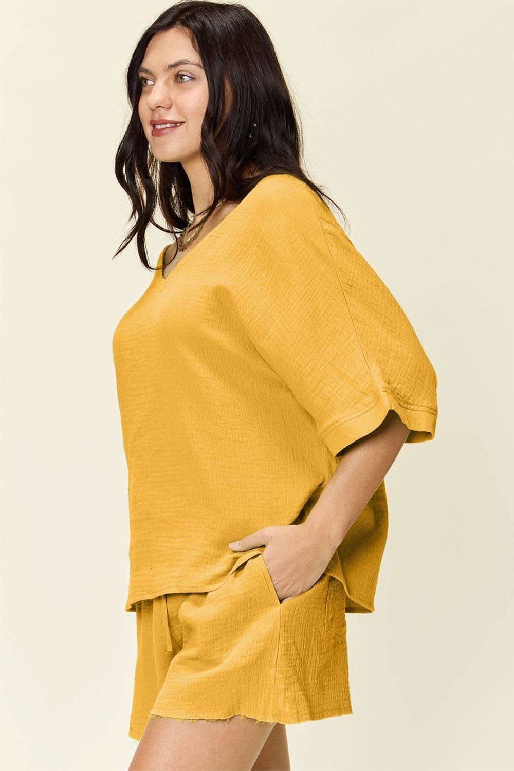 Double Take Texture Half Sleeve T-Shirt and Drawstring Shorts Set - SwagglyLife Home & Fashion