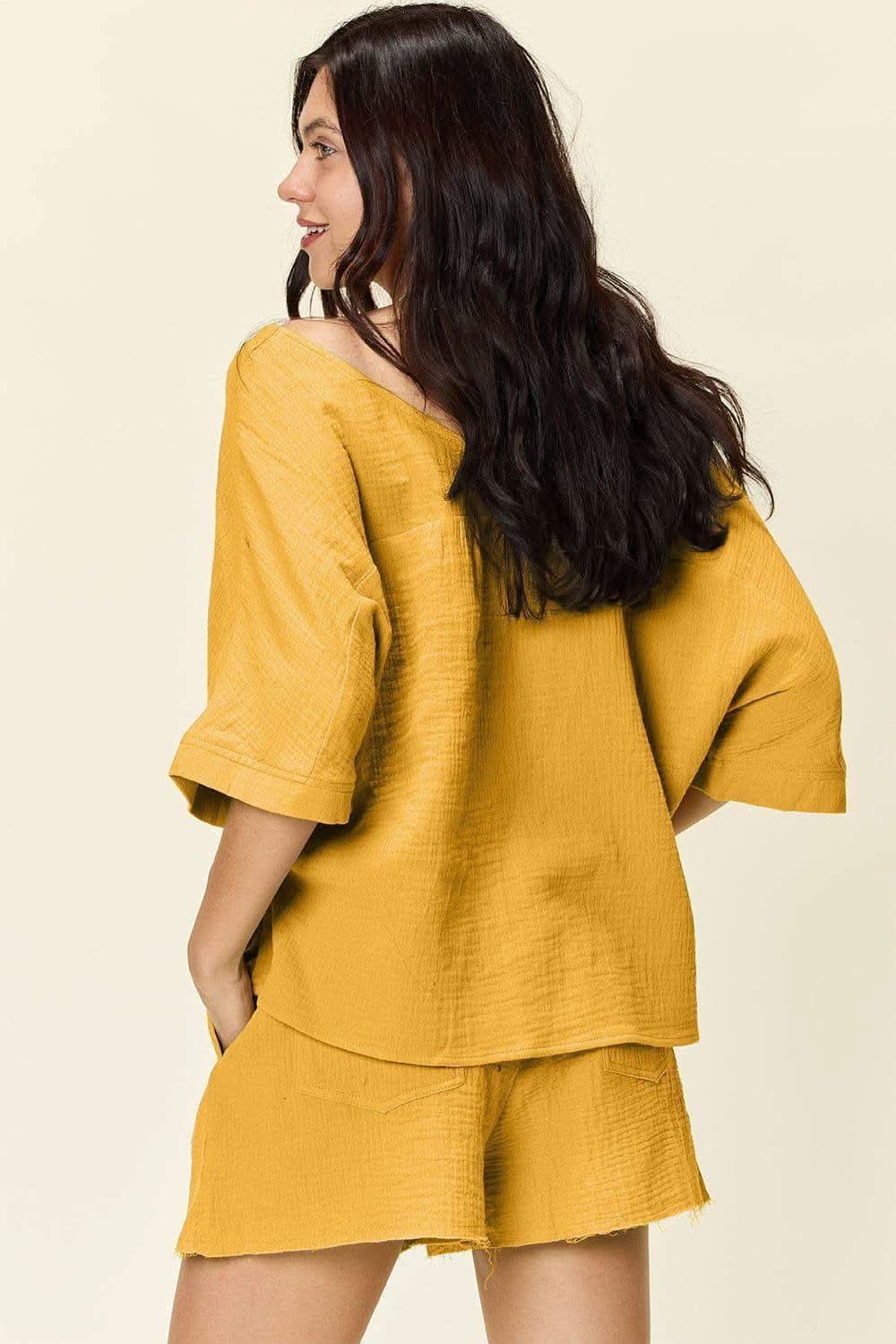 Double Take Texture Half Sleeve T-Shirt and Drawstring Shorts Set - SwagglyLife Home & Fashion