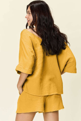 Double Take Texture Half Sleeve T-Shirt and Drawstring Shorts Set - SwagglyLife Home & Fashion Double Take Texture Half Sleeve T-Shirt and Drawstring Shorts Set - SwagglyLife Home & Fashion