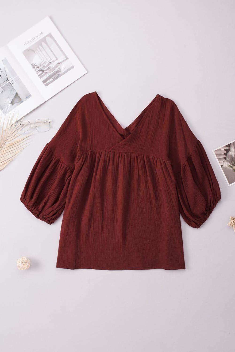 Dropped Shoulder V-Neck Blouse, 7 Colors - SwagglyLife Home & Fashion