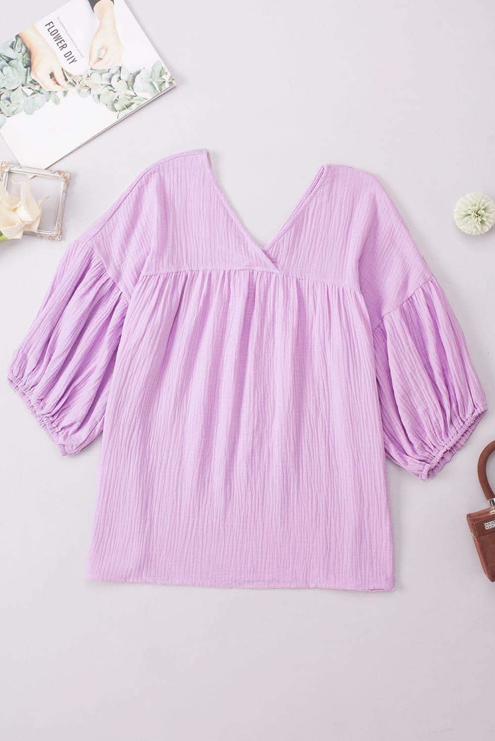 Dropped Shoulder V-Neck Blouse, 7 Colors - SwagglyLife Home & Fashion