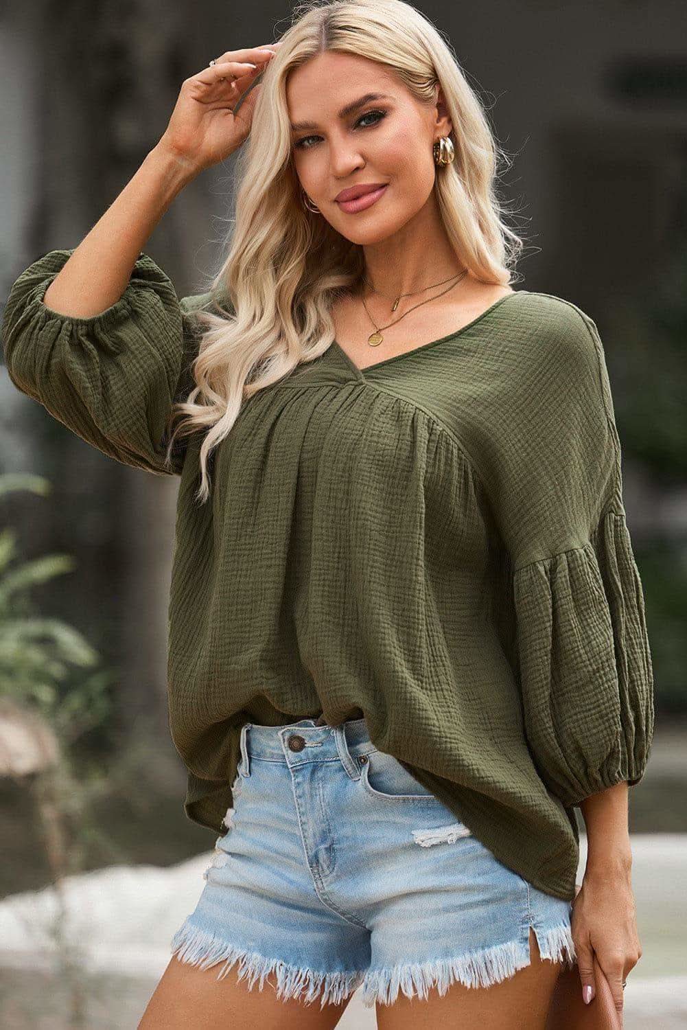 Dropped Shoulder V-Neck Blouse, 7 Colors - SwagglyLife Home & Fashion