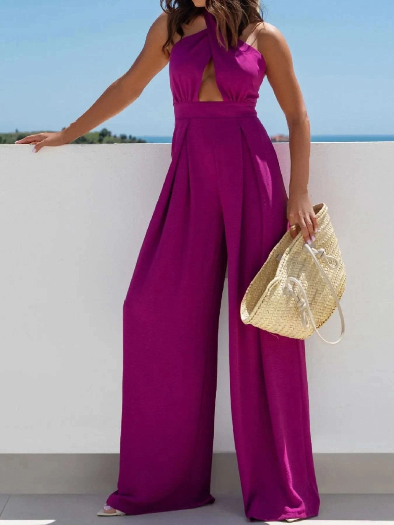 Wide Leg Cutout Halter Neck Jumpsuit - SwagglyLife Home & Fashion Wide Leg Cutout Halter Neck Jumpsuit - SwagglyLife Home & Fashion